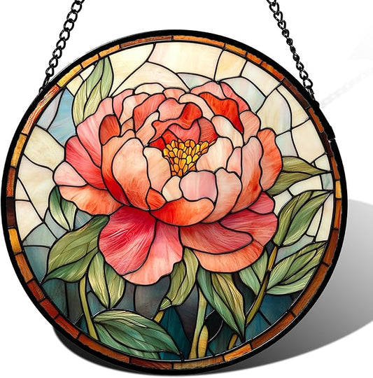 HWRHTR Stained Glass Window Hanging - Pink Peony Floral Suncatcher for Door Garden Yard Birth Flower Sun Catchers Decor Ch...