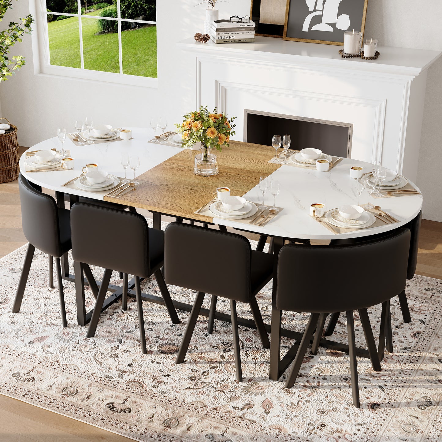 9-Piece Oval Dining Table Set, Fixed White Faux Marble & Wood Grain Triamine Tabletop With 8 Black PU Leather Chairs, Modern Kitchen Table Set For 8 People, Ideal For Family Gatherings, Dining Room