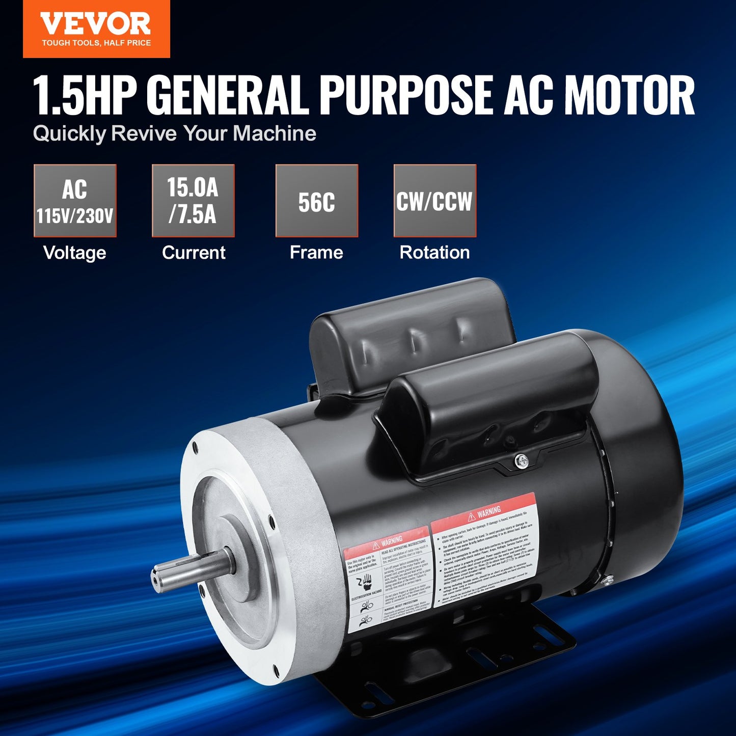 1.5HP Electric Motor 1725 Rpm, AC 115V/230V, 56C Frame, Air Compressor Motor Single Phase, 5/8' Keyed Shaft, CW/CCW Rotation For Agricultural Machinery And General Equipment