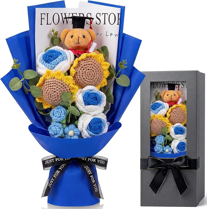 Norme Blue Graduation Crochet Flower Bouquet Gift Box, 2026 Grad Cap Bear Hand Knitted Rose Sunflower Bouquet Greeting Car...