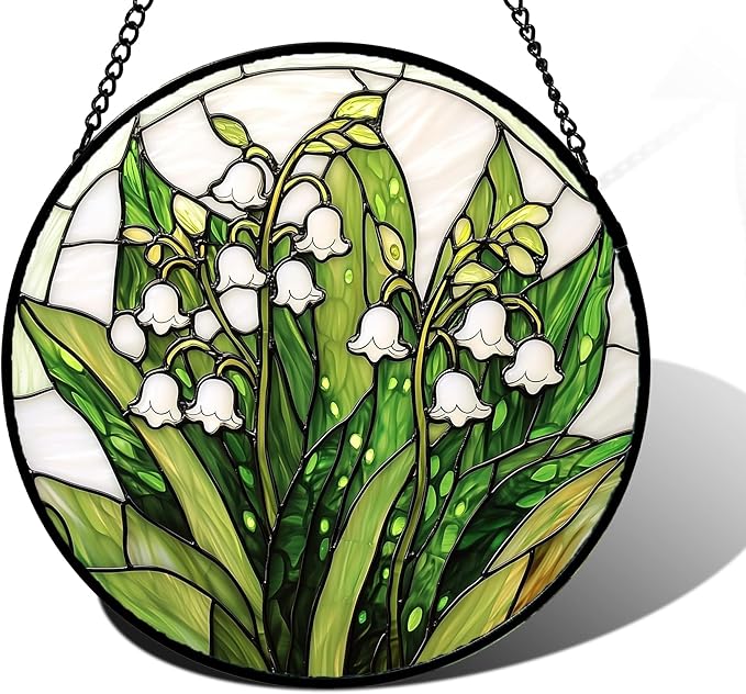 DASTOLL Stained Glass Window Hanging, Lily of the Valley Flower Sun Catchers Colorful Glass Panel Green Plants Suncatcher ...