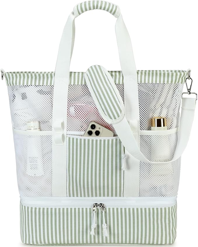 Bluboon Mesh Beach Tote Bag with Cooler Compartment Insulated Detachable Picnic Bag with Zipper and Pocket Pool Bag for Women