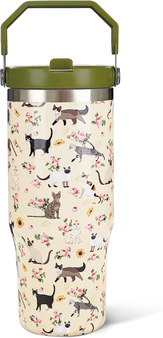 Exacmos 30oz Floral Cat Tumbler with Handle and Straw, Stainless Steel Vacuum Insulated Coffee Tumbler, Travel Mug Water B...