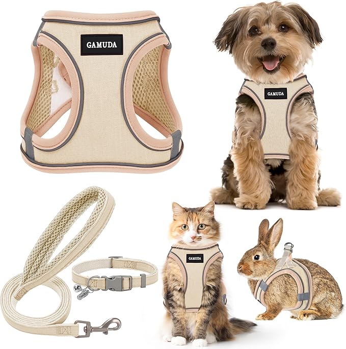 GAMUDA Small Pet Harness Collar and Leash Set, Step in No Chock No Pull Linen Fabric Soft Mesh Dog Vest Harnesses Reflecti...