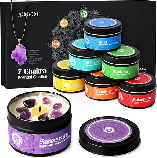 AOOVOO Chakra Candles with Healing Crystals - 7 Chakra Candle Set, Spiritual Gifts for Women, Aromatherapy Candle, Soy Can...