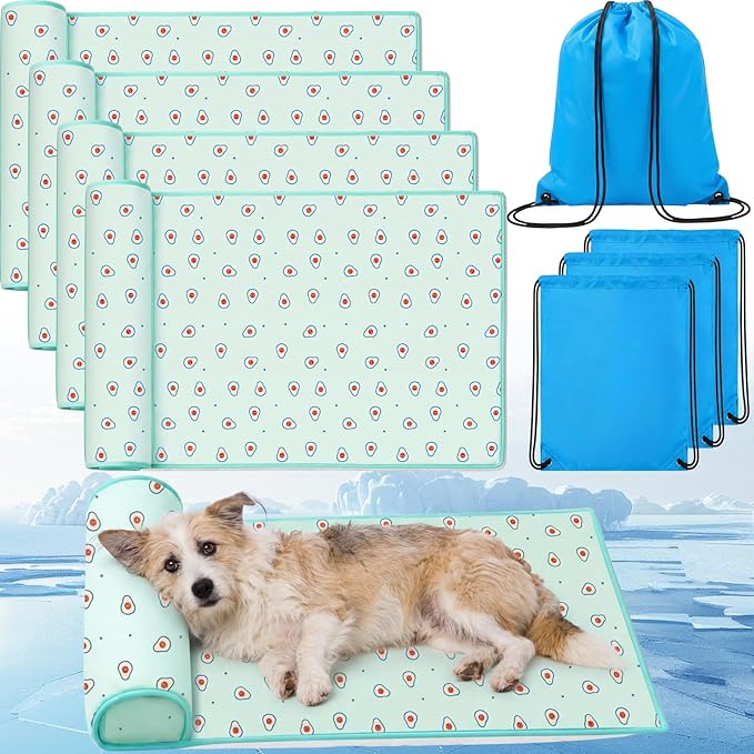 DoubleFill 4 Pack Cooling Dog Mats with Supportive Pillow 15.7" x 23.6" Self Cooling Dog Pads Ice Silk Washable Pet Cool M...