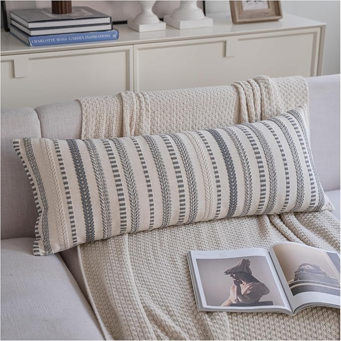 Cethom Grey Boho Lumbar Pillow Covers 14x36 Long, Stripe Textured Decorative Couch Pillow Cases for Bed, Sofa, Living Roo...
