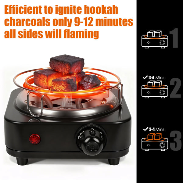 Electric Charcoal Burner For Hookah - 500W Fast Heating, 5 Temperature Gears, Thermostat Safety & Stainless Steel Coil, Bonus Accessories For Outdoor/Indoor Use