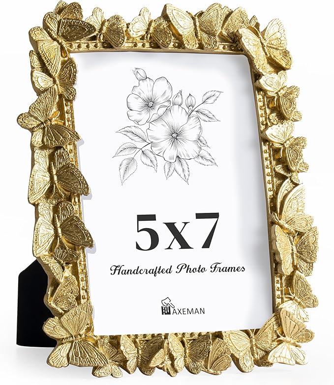 Axeman 5x7 Vintage Picture Frame with High Tempered Glass, Butterfly Textured Hand-Crafted Resin Antique Ornate Photo Fram...