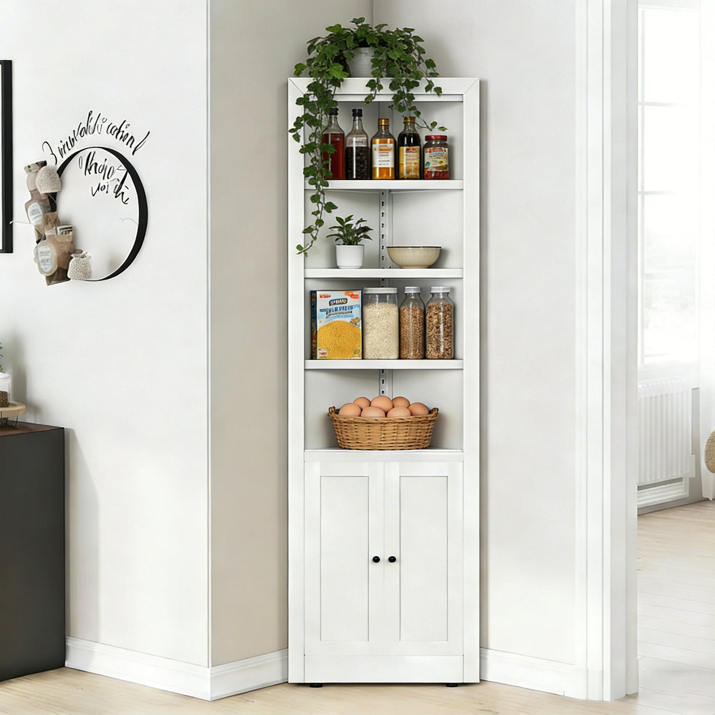 71  Tall Corner Storage Cabinet With 2 Doors, 5-Tier Metal Cabinet With Adjustable Shelves, Freestanding Kitchen Storage For Pantry, Living Room, Bathroom, Laundry Room, Space Saving Furniture, White