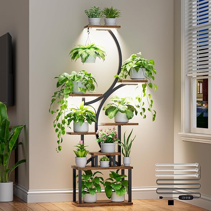 Plant Stand Indoor with Grow Lights - 62" Tall Plant Shelf, Lighted Corner Plant Stands for Indoor Growing, 8 Tiered Large...