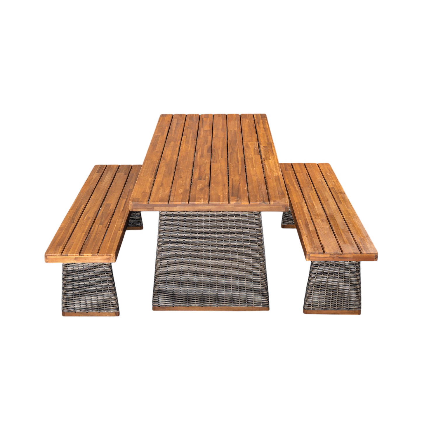 Outdoor 3 Piece Acacia Wood Dining Set With Handwoven Rattan Legs,Grey