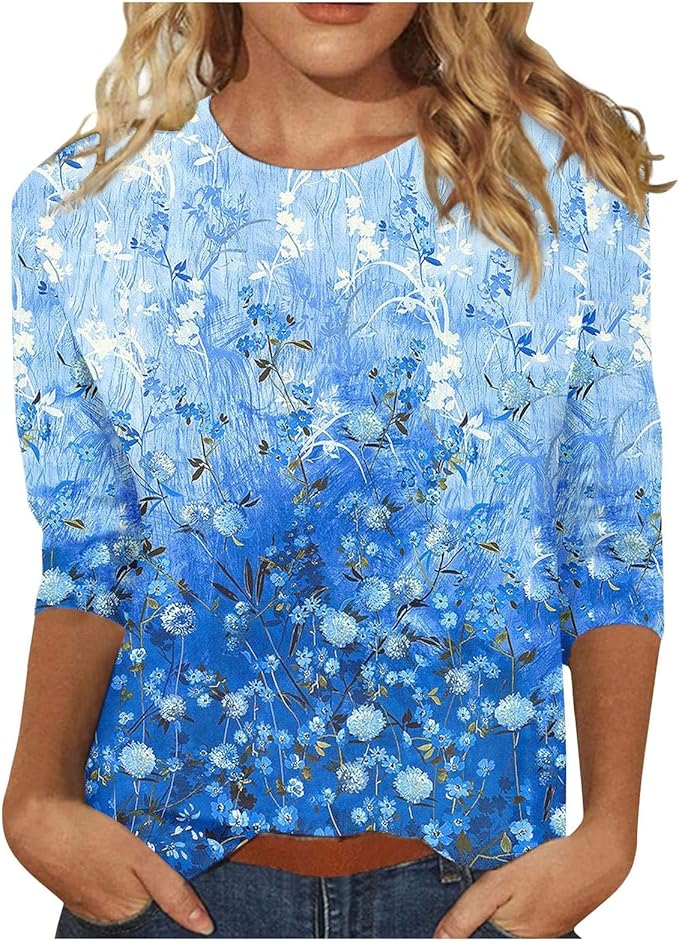 Women's 3/4 Sleeve Crew Neck Tops Floral Print Tunic Cute Loose Basic Tee Shirts Casual Trendy Blouses Spring Summer