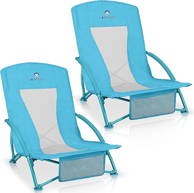 Low Beach Chairs 2 Pack,Folding Compact Low Seat Chairs for Adults w/Mesh Back& Storage Bag,Heavy Duty Chair for Outdoor S...