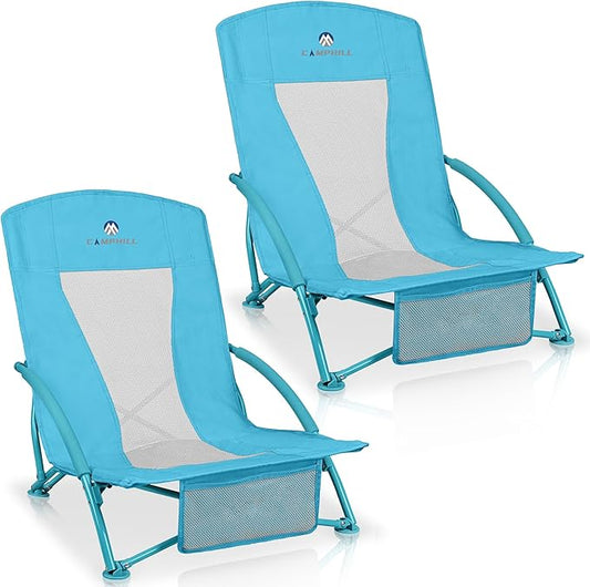 Low Beach Chairs 2 Pack,Folding Compact Low Seat Chairs for Adults w/Mesh Back& Storage Bag,Heavy Duty Chair for Outdoor S...