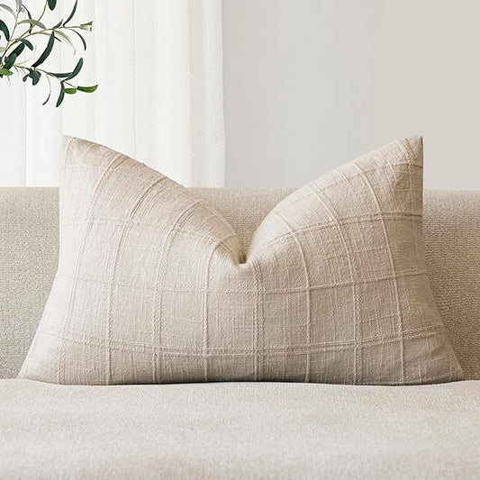 Foindtower Set of 1 Decorative Linen Check Throw Pillow Cover Neutral Farmhouse Lumbar Cushion Cover Modern Boho Home Deco...