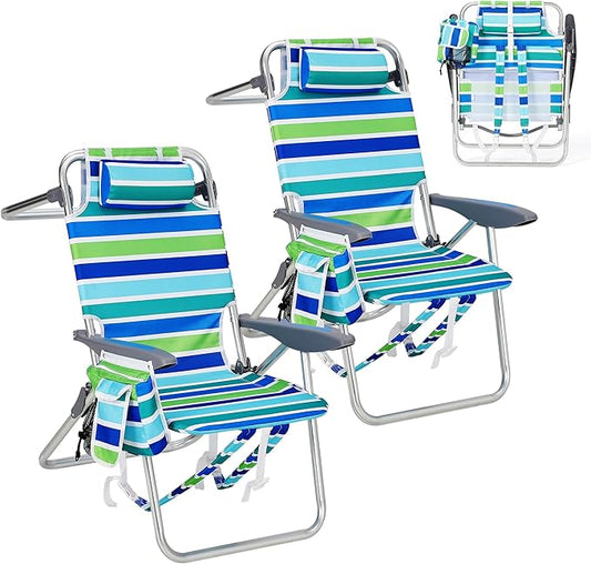 GarveeLife High Backpack Beach Chair for Adults 2 Pack, Lightweight Portable Lay Flat Folding Beach Chair with 5 Position...