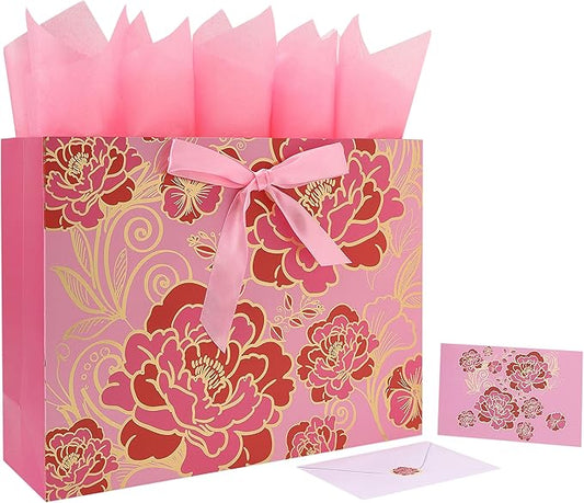 16.5" Extra Large Rose Pink Gift Bag Set with Greeting Card and Tissue Paper(Foil Traced Flowers) for Celebrating Birthday...