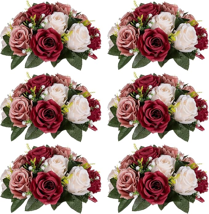 Nuptio Artificial Flower Centrepieces for Tables - 6 Pcs Burgundy & Dusty Rose & Creamy White Fake Flowers Roses Balls 9.5...