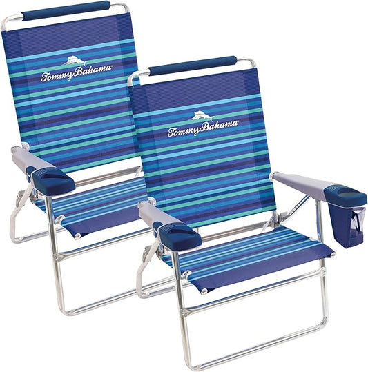 Tommy Bahama Set of 2 Highboy 4 Position Beach Chairs 15 Inch Seat Height with Cupholder, Side Storage Pouch and Mobile Ph...