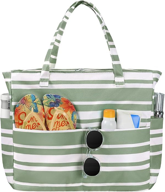 Trifabricy Beach Bags for Women Waterproof Sandproof Women Tote Bag, Large Beach Bag with Zipper for Gym Travel Vocation