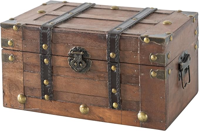 SLPR Alexander Small Wooden Treasure Chest - 11" x 7" x 5.5", Wood Storage Box with Hinged Lid, Decorative Trunk for Keeps...