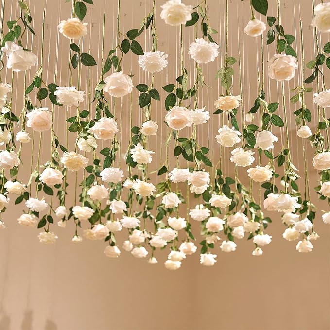 Lyrow 60 Pack Artificial Flower Hanging Flowers Ornament Floating Garland Ceiling Rose Strings for Wedding Anniversary Eng...
