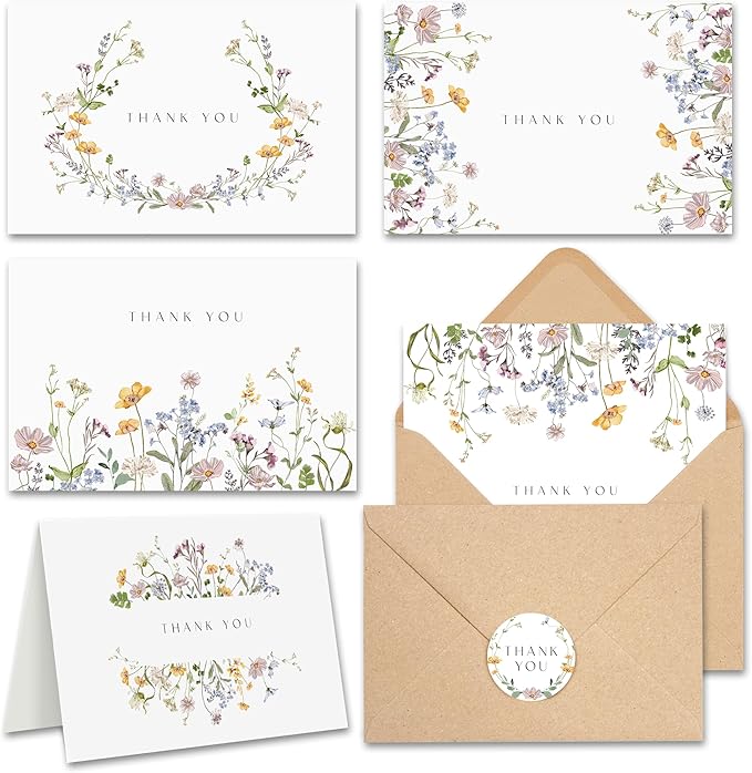 AUDREE Floral Thank You Cards With Envelopes (20 pack 4x6) - Wildflower Thank You Cards With Adhesive Envelope & Stickers...