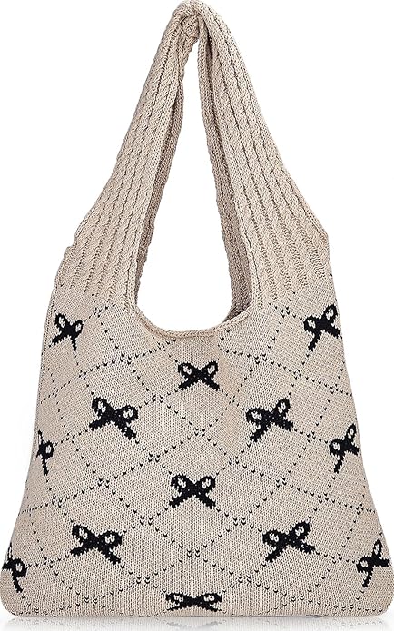Busnos Beach Bags for Women Coquette Bow Bag Purse Cute Crochet Beach Tote Bag Boho Knit Shoulder Purses Travel Vacation