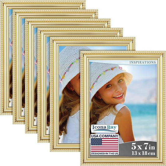 Icona Bay 5x7 Picture Frames (Gold, 6 Pack), Beautifully Detailed Molding, Contemporary Picture Frame Set, Wall Mount or T...