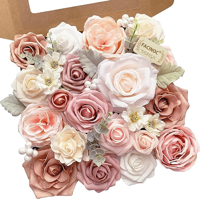 FACINOC Pink Rose Artificial Flowers Dusty Fake Flower with Stems Bulk for DIY Wedding Bouquets Bridal Baby Shower Centerp...