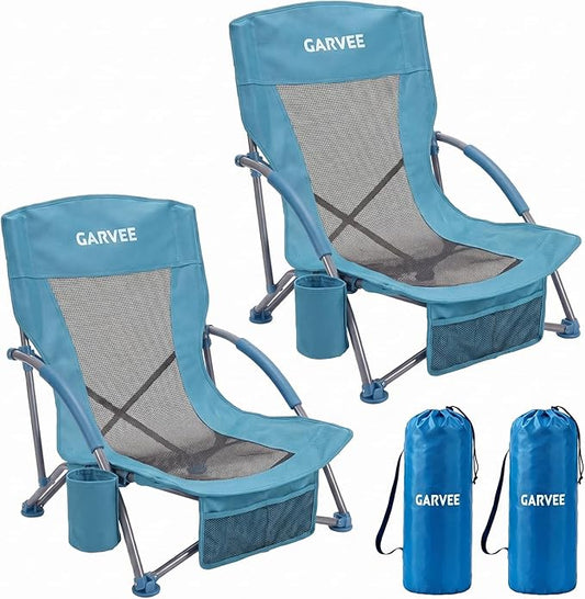 Garvee Low Beach Chair 2 Pack, Folding Portable Beach Chairs for Adults, Lightweight Extra Wide Seat Chair with Cup Holde...