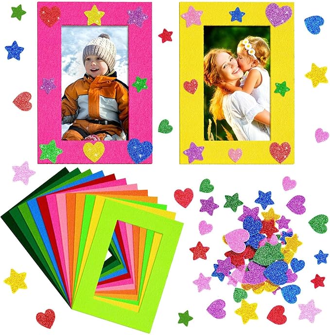 Jetec 24 Pieces Colorful Felt Photo Frames Holiday Picture Frames and 50 Pieces Colorful Glitter Foam Stickers for Home an...