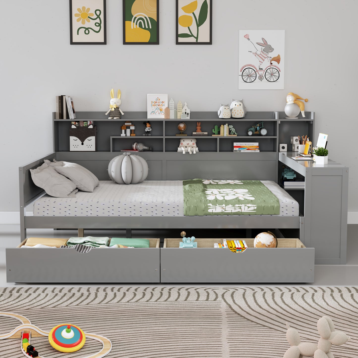 Wooden Full Size Daybed With Storage Shelves, Multi-functional Bed With Two Storage Drawers And  Study Desk, Gray
