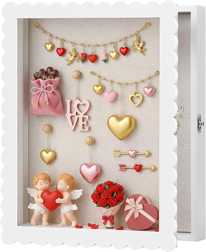 Ripeng Shadow Box Frame 11x14 Inch Scalloped Deep Shadow Boxes Display Cases Large Wood Memory Frame for Valentine's Day D...