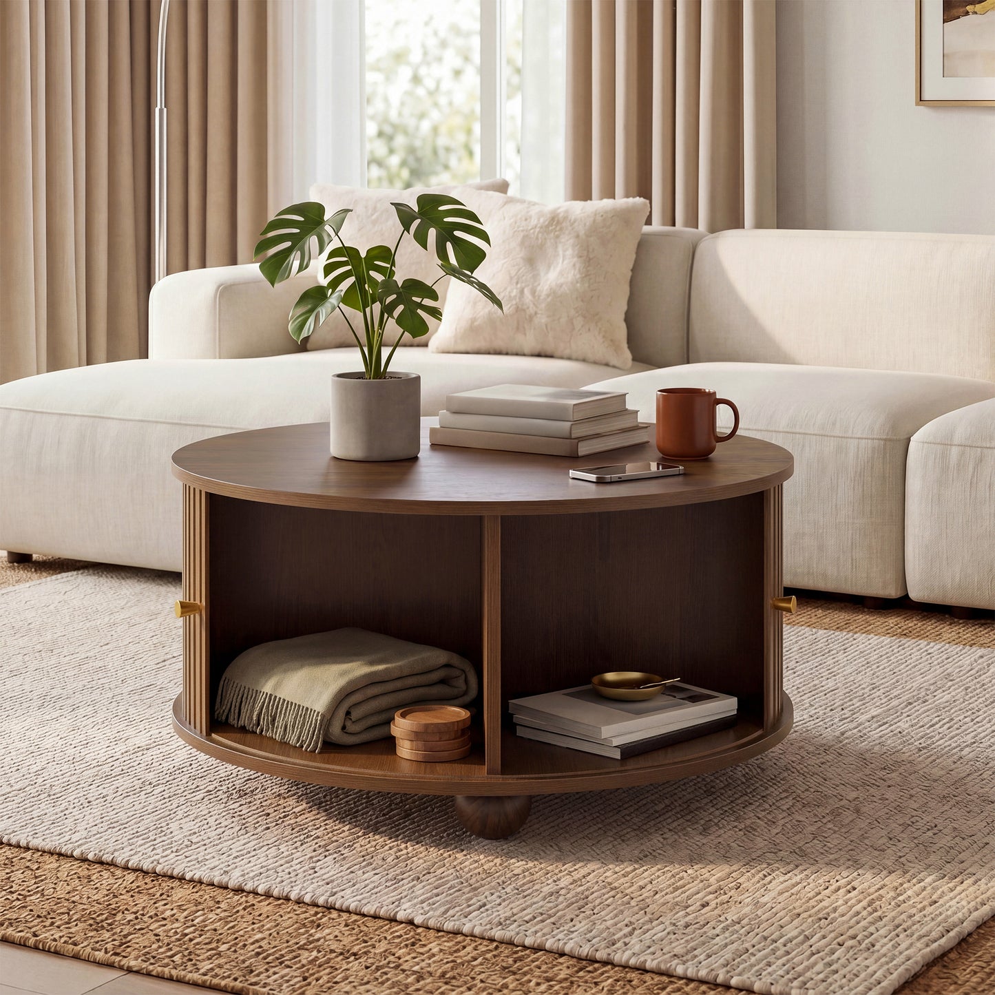 Coffee Table, Round Coffee Table, Living Room Table, Circumferential Vertical Relief Structure, Two Sliding Doors, MDF Body, Metal Handles, Spherical Metal Feet, Four Separate Storage Compartments