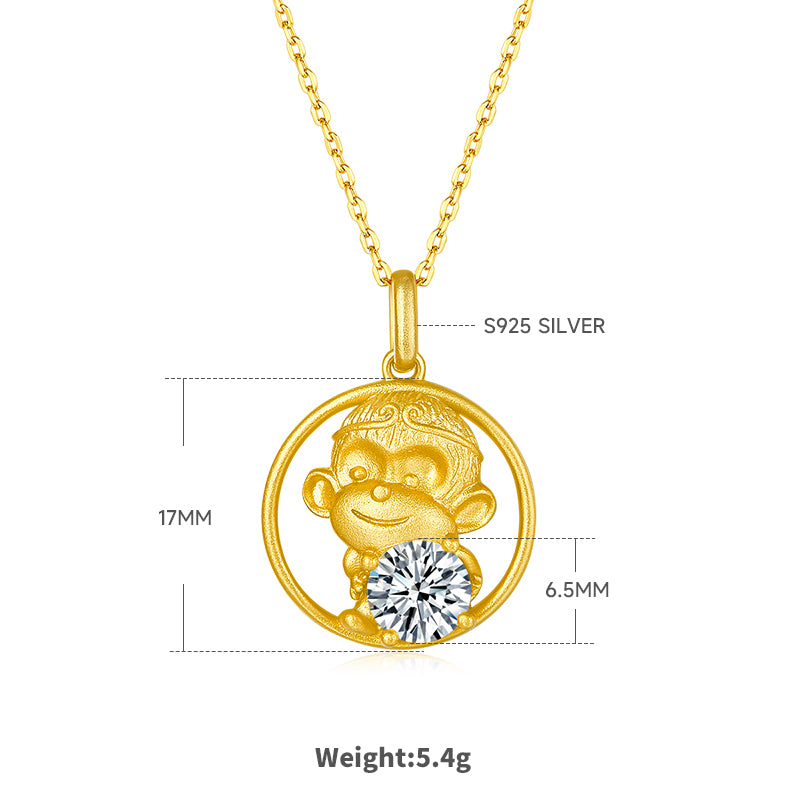 S925 Sterling Silver Gold Plated 1ct D Color VVS1 Moissanite Monkey Necklace 5.4g Chinese Zodiac Benmingnian Gift GRA Certified Gift Box