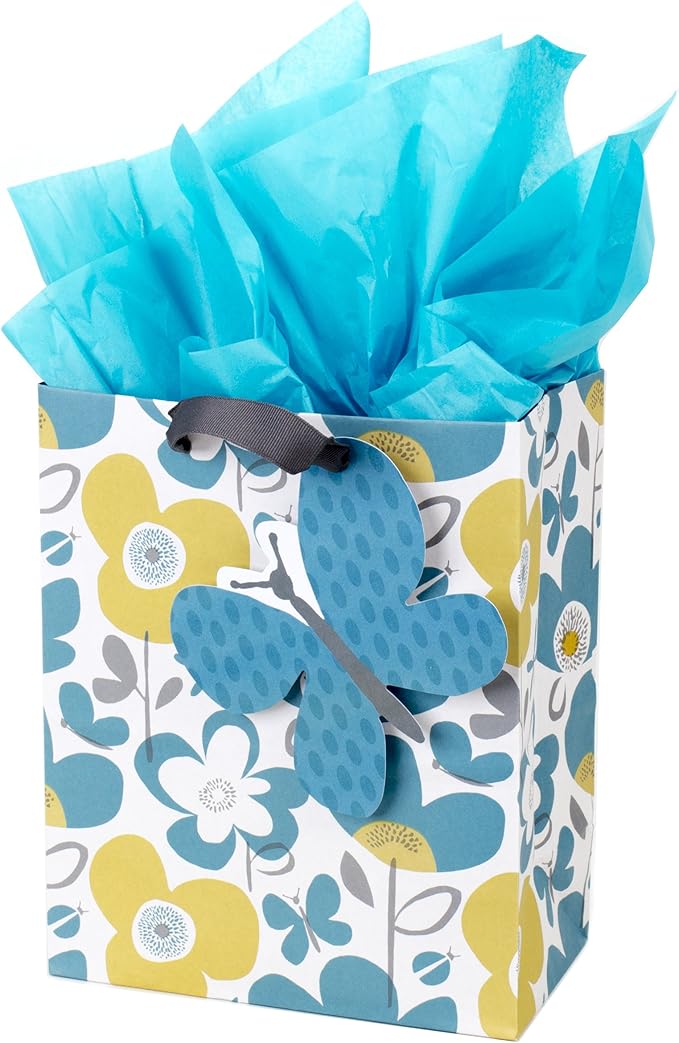 Hallmark 9" Medium Gift Bag with Tissue Paper (Flowers and Butterflies; Turquoise and Yellow) for Birthdays, Mothers Day, ...