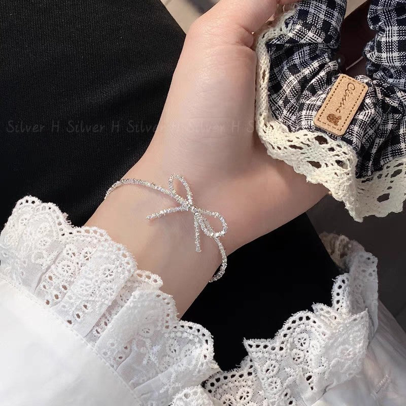 1 Set 999 Sterling Silver Bow Necklace And Bracelet Set, Shiny Minimalist Style, Perfect For Daily Wear And Valentine's Gift