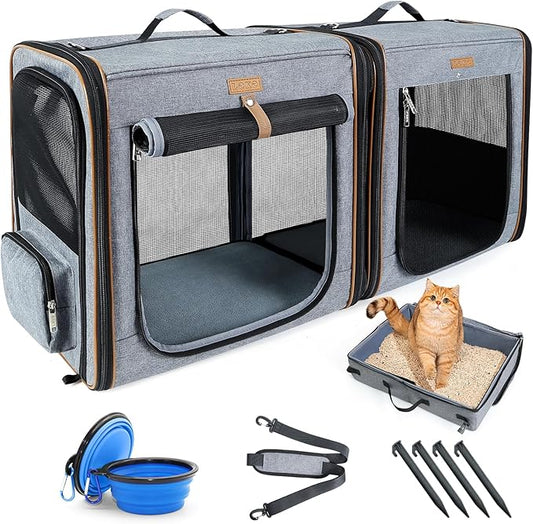Lekereise Large Cat Carrier for 2 Cats, 2-in-1 Cat Travel Carrier with Litter Box, (17.7" x2) x16.5"x13" Pet Carrier with ...