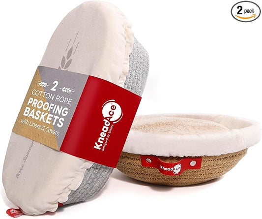 KneadAce Cotton Rope Banneton Bread Proofing Basket Set, Oval & Round Bread Baskets with Liners & Covers for Artisan Bread...