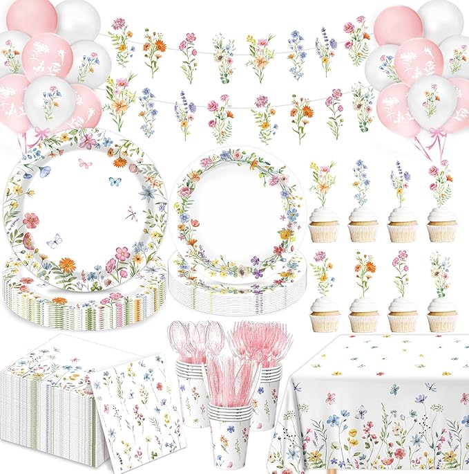 LINHAXM 175 PCS Spring Wildflower Party Decorations include Plates, Cups, Napkins, Cutlery, Cake Toppers, Banner, Tableclo...