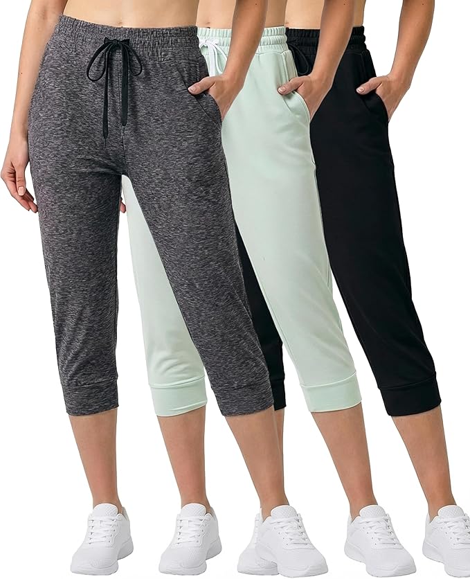 Real Essentials 3-Pack: Women's Ultra Soft Lounge Capri Joggers Sweatpants Athletic Yoga with Pockets(Available in Plus Size)