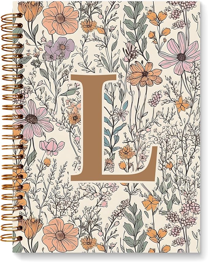 JXREQ Vintage Boho Floral Personalized Notebook, Initial Letter L Notebook Journal, Monogram Notebook, Monogrammed Gifts f...
