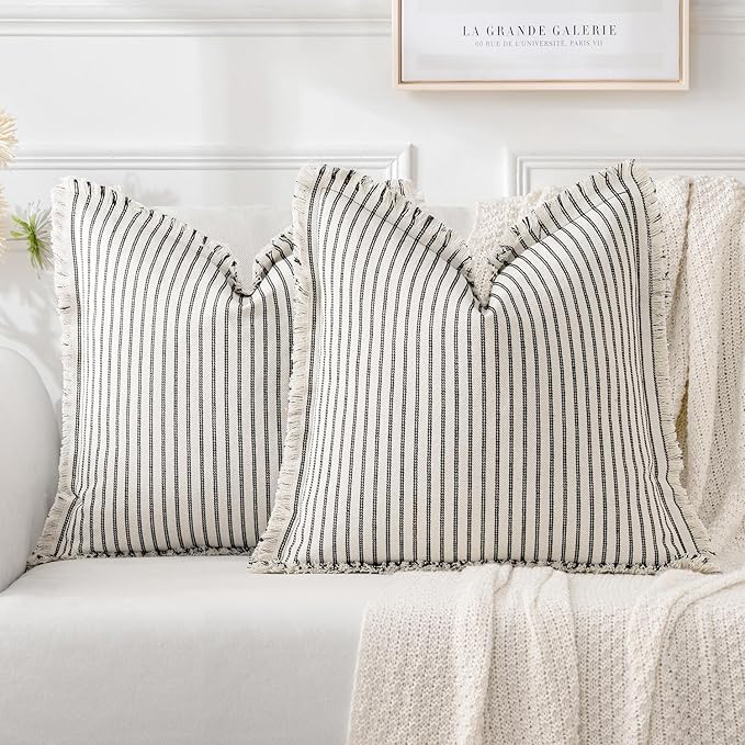 MIULEE Pack of 2 Black Pillow Covers 20x20 Inch Striped Farmhouse Couch Throw Pillow Covers with Fringe Chic Linen Decorat...