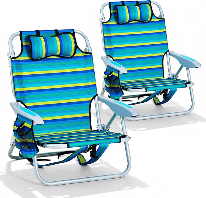 Canpsky 2PCS Portable Beach Chair for Adults, Outdoor Lightweight Camping Chair, 5-Position Lay Flat Reclining Backpack Be...