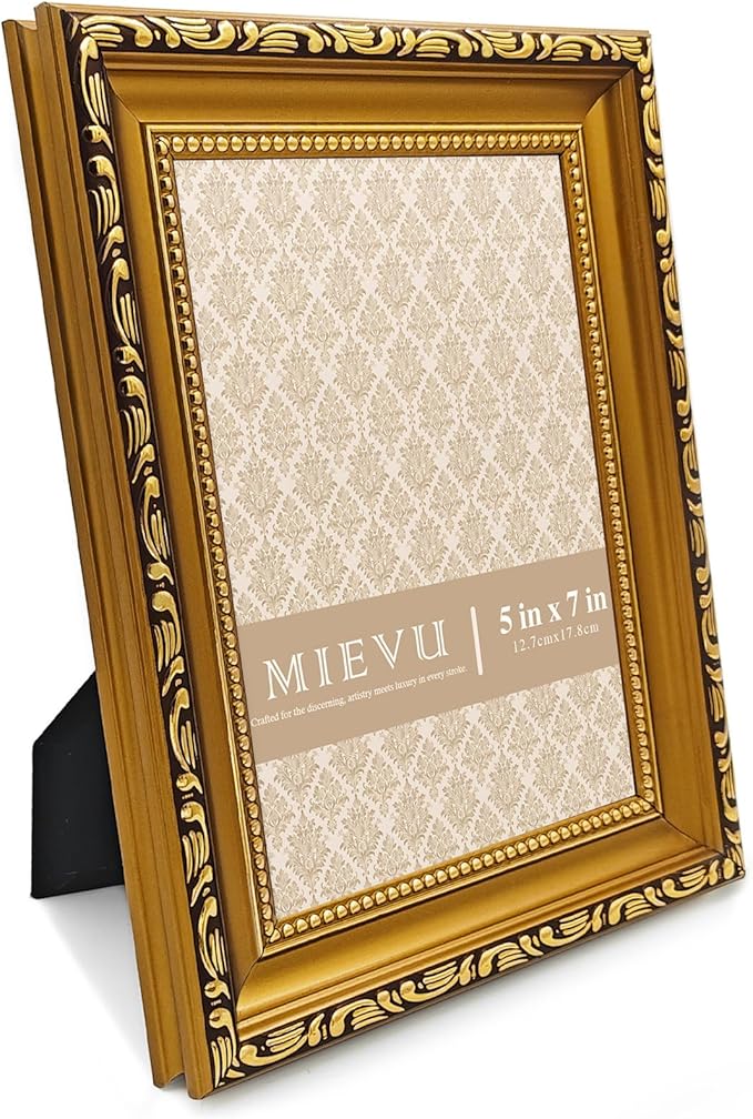 MIEVU 5x7 Picture Frame Gold - Pack of 1 Vintage Picture Frames And Tabletop Display, Ornate Photo Frame for Poster