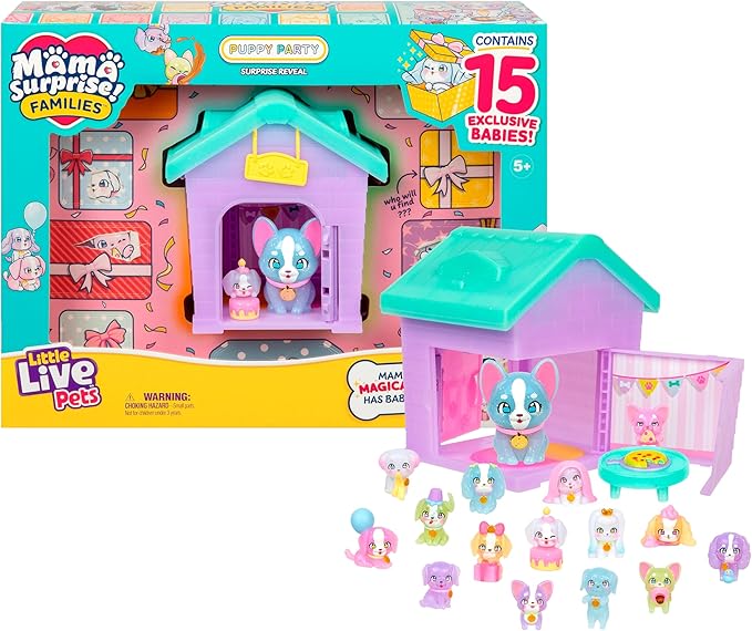 Little Live Pets Puppy House Playset, Mama Surprise Families Little Live Pets Puppy Party Pack, 15 Mini Collectible Puppie...
