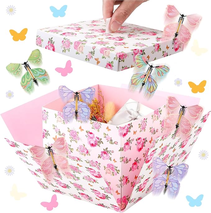 Mother's Day Butterfly Explosion Gift Box, Reusable Pink Floral DIY Unique Gift Box with Surprise Flying Butterfly and Flo...