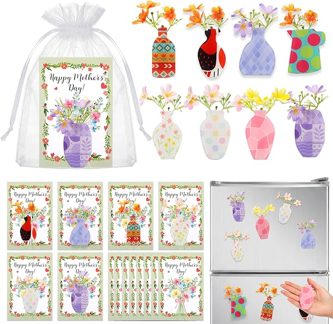 16 Sets Mother's Day Fridge Magnets Gifts Bulk with Mini Flower Vase Fridge Magnets Cards Artificial Flowers Organza Bags ...